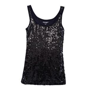 Old Navy Sequin Tank Top | Scoop Neck Party Glam Sparkly Fitted | Black Size S